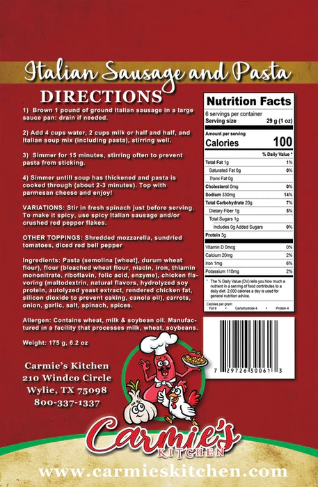 Carmie's Kitchen - Italian Sausage & Pasta Soup Mix